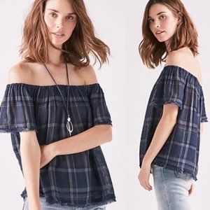 Lucky Brand Navy Blue Plaid Off the Shoulder Top